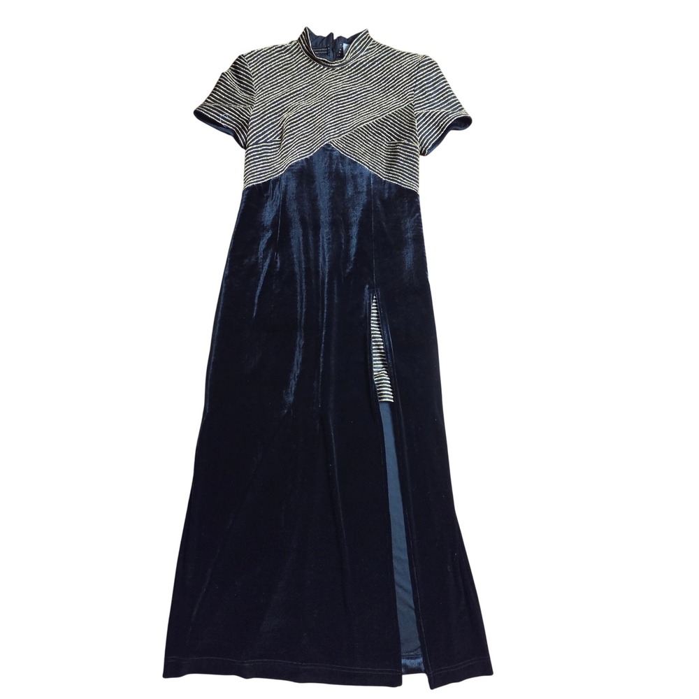Vintage Joseph Ribkoff Velvet Gold Metallic Striped Maxi Dress 12 Whimsigoth